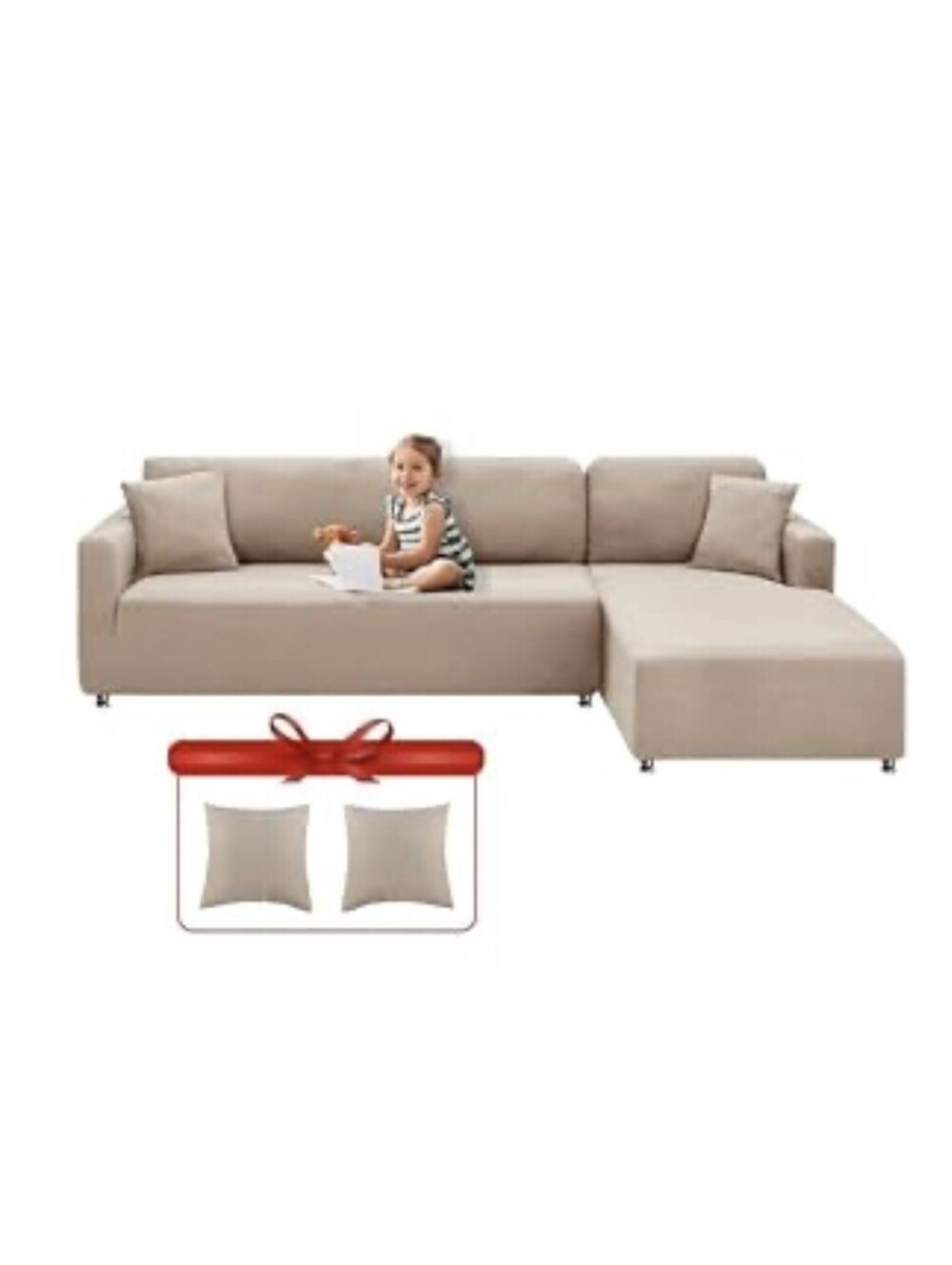 L-Shaped Sofa Slipcover 2 Pc Easy-Going Jacquard Large Beige